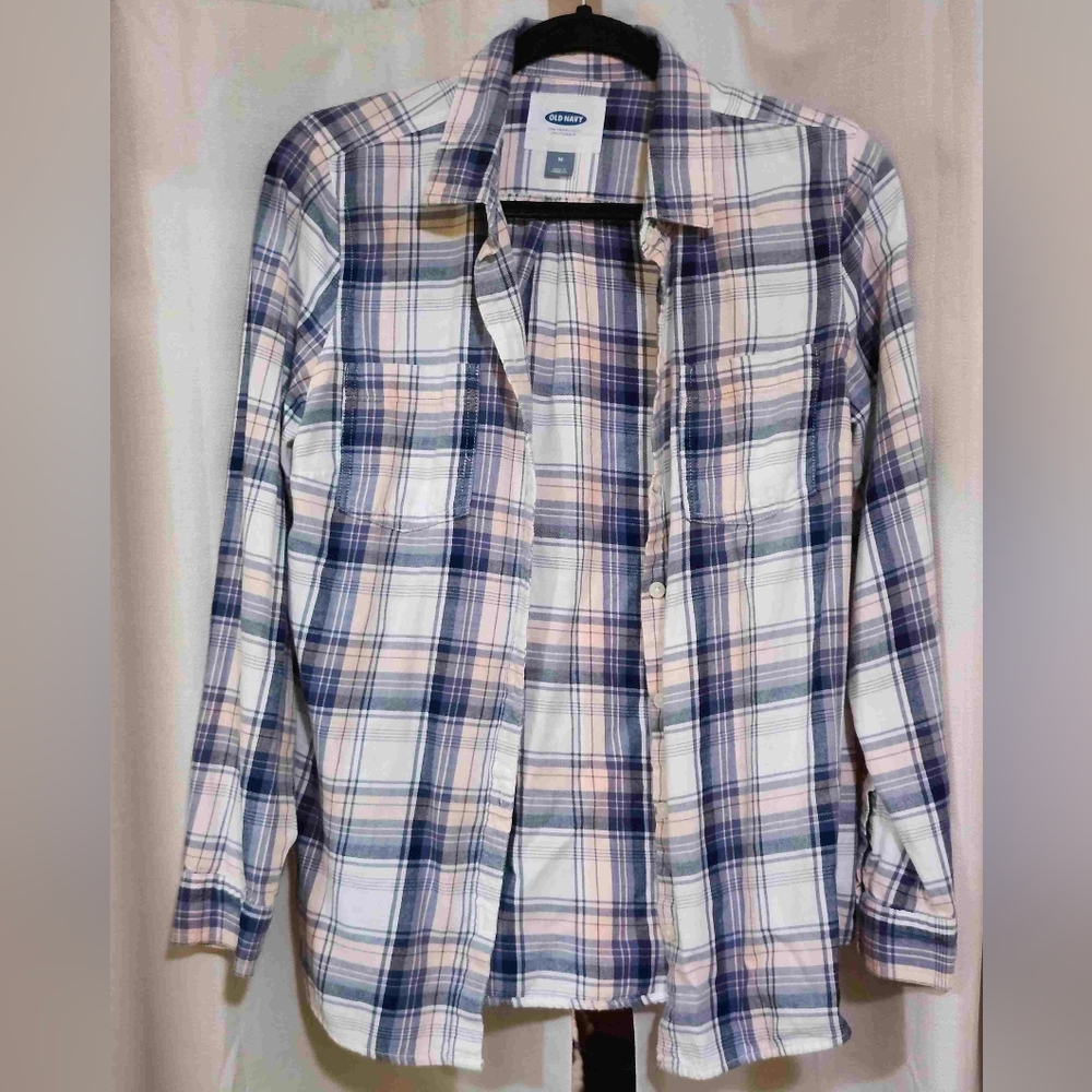 Old Navy Women's Comfy Casual Plaid Shirt - Navy and Light Pink